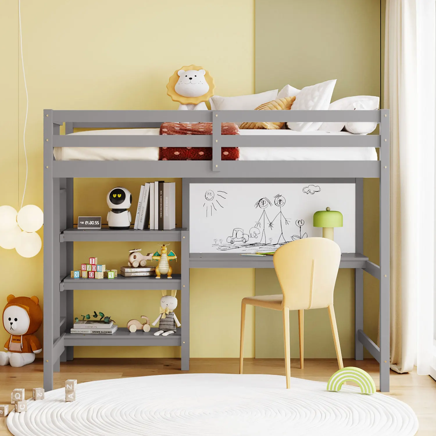 

Wooden Loft Bed with Shelves, Desk, Writing Board - Twin Size, Gray