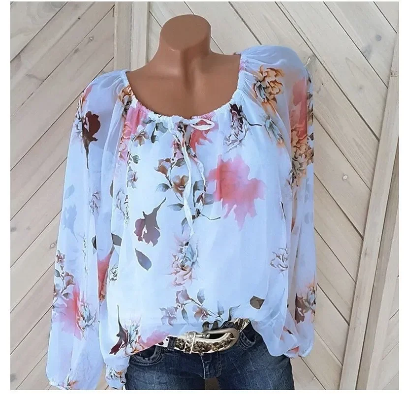 Summer Floral Printed Elegant Fashion Woman Blouses Tops Patchwork Loose Drawstring One Line Collar Vacation Oversized Shirt