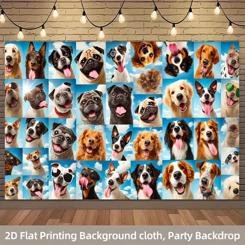 Happy Dog Portrait Landscape Tapestry, Cloudy Sky Puppy Collage Wall Cloth, Soft Backdrop For Bedroom Pet Space Home Indoor