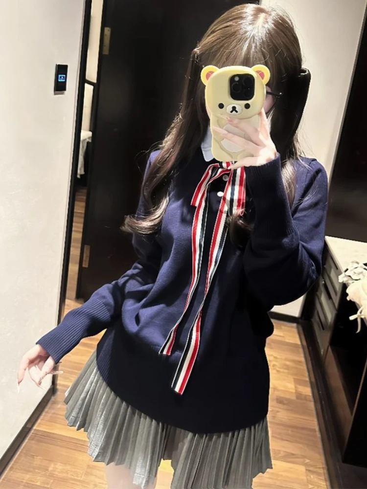 New Autumn Preppy Style Vintage 2 Piece Set Women Design Knitted Y2k Sweater + Grey Skirts Harajuku Fashion French Chic Outfits