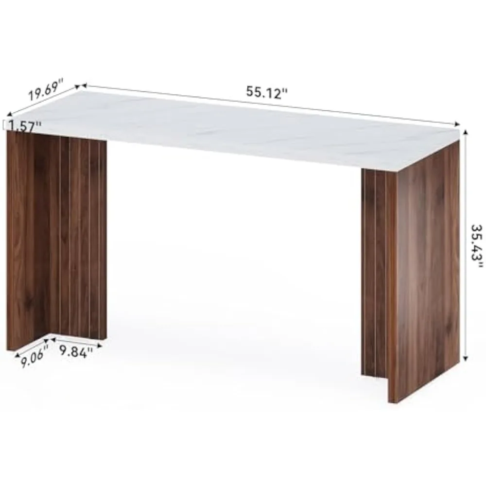 Home Bar Table, 55-Inch Long Counter Height Pub Table with a Faux Marble Finished Tabletop, Narrow Rectangular Indoor Bar Unit