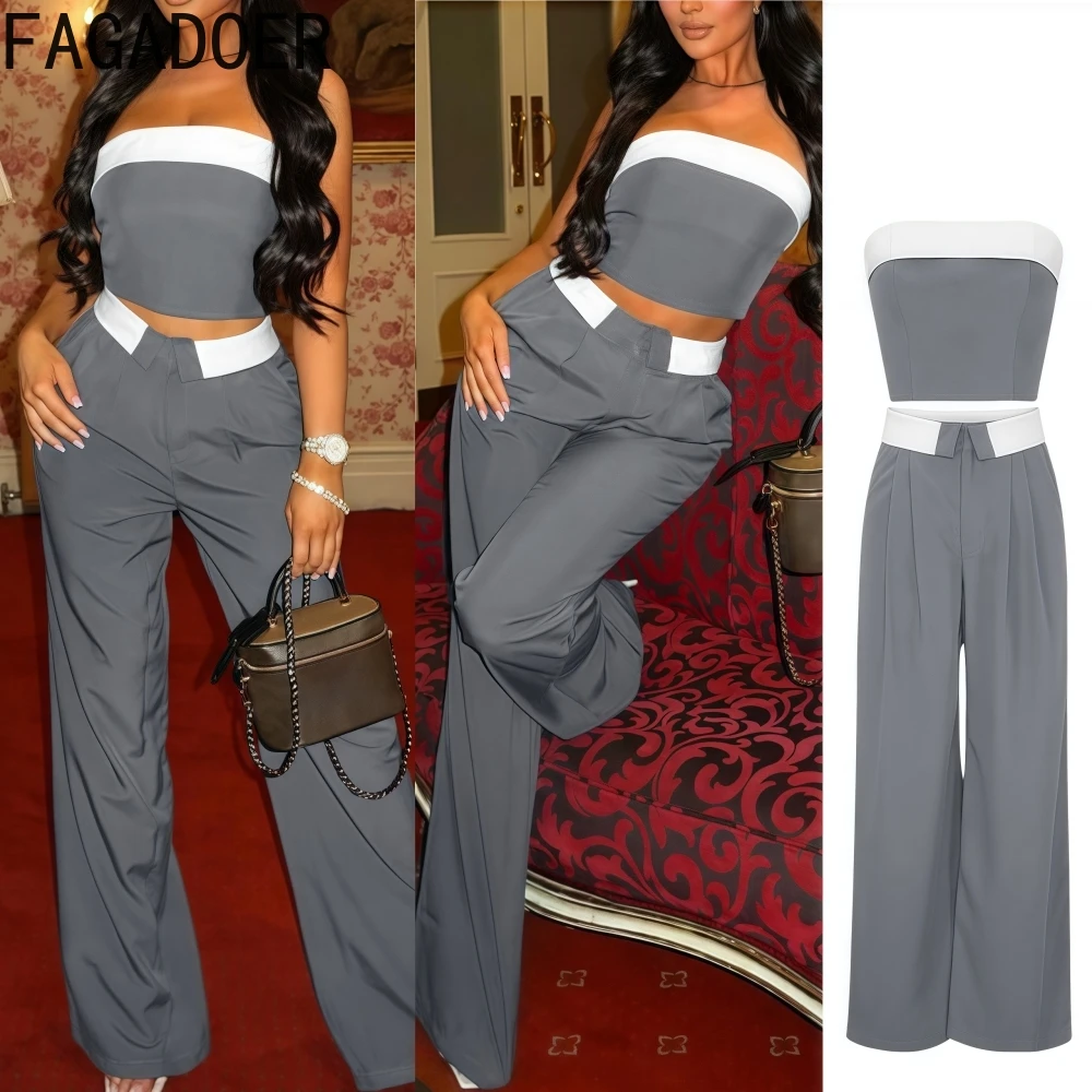 

FAGADOER Summer New Fashion Woman 2 Piece Set Outfit Color Block Sleeveless Backless Top + Wide Leg Pants Suit Female Streetwear