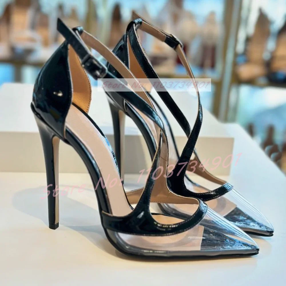 

Clear PVC Pointed Toe Cross-Strap Stiletto Sandals Women Elegant Black Patent Leather T-Bar High Heels Lady Sexy Nifty Sandals
