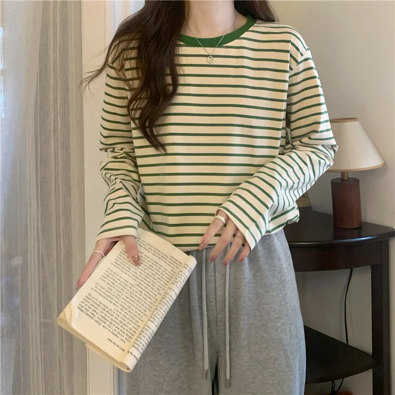 Kpop Black Striped Long Sleeve T-shirts Women Loose Winter Autumn Tops Vintage Y2K Tees Shirts Cheap Clothes Woman Tshirts