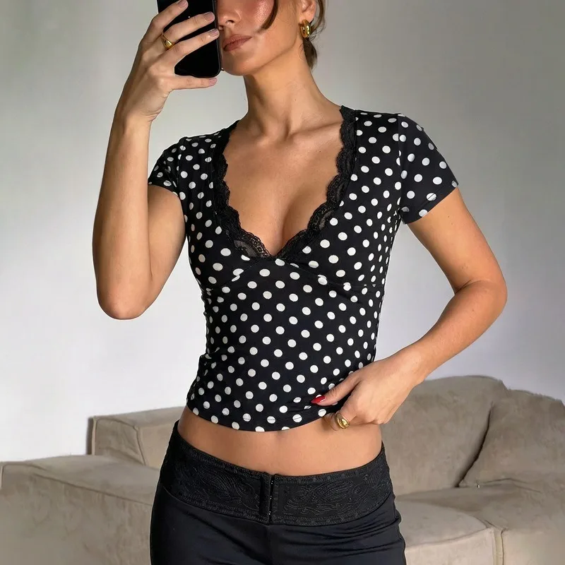 

Talenza Sexy Polka Dot T-Shirt Women's Summer Lace V-Neck Patchwork Short Sleeve Top Vintage Hot Girls Party Fashion Women's Top