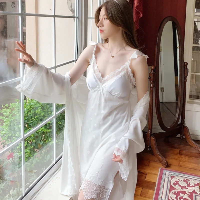 Sexy Lace 2PCS Robe Sleep Suit V Neck Night Dress White Home Clothing with Chest Pad Women Nightgown Homewear Satin Sleepwear