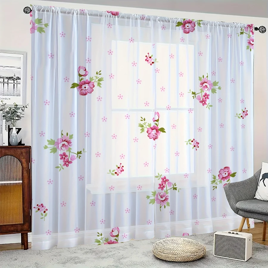 2PCS Digital Print Sheer Curtain, Beautiful Pink Floral, Vintage Floral Window Curtains for Living Room Bedroom Home Decor