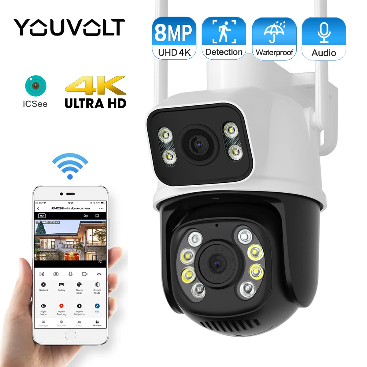 Wifi Camera 8MP 4K HD Dual Lens with Dual Screen Ai Human Detect Auto Tracking Wireless Outdoor Surveillance Camera ICSee App