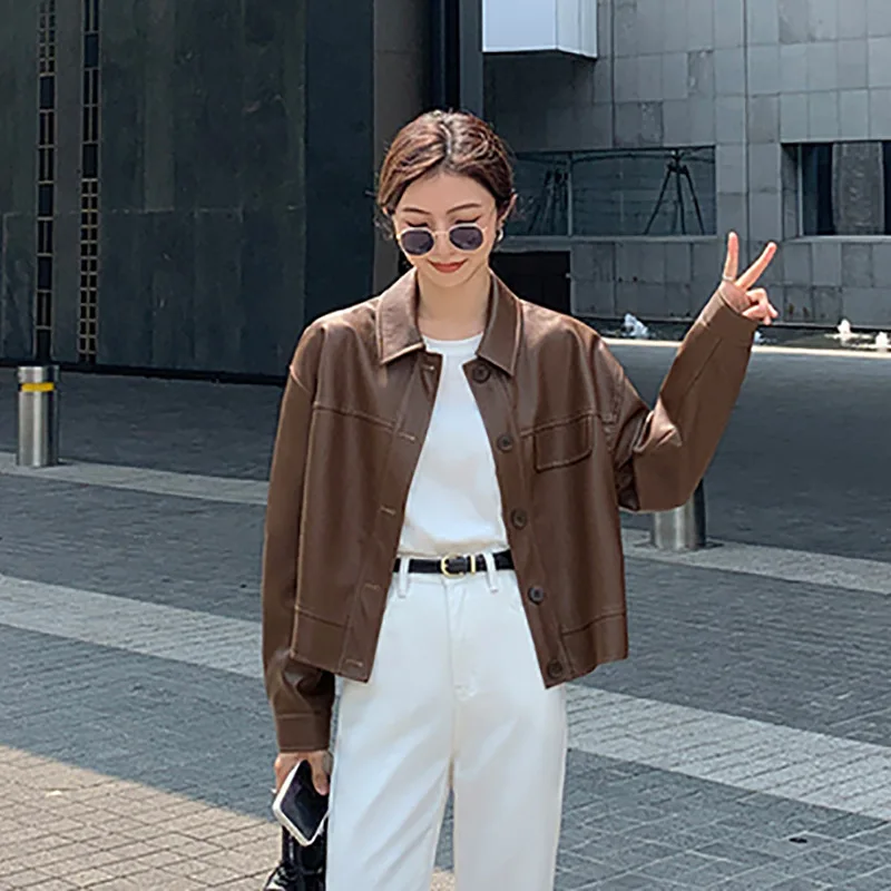 Black Leather Jacket for Women 2025 New Spring and Autumn Short Style High end Retro Collar Motorcycle Leather Jacket