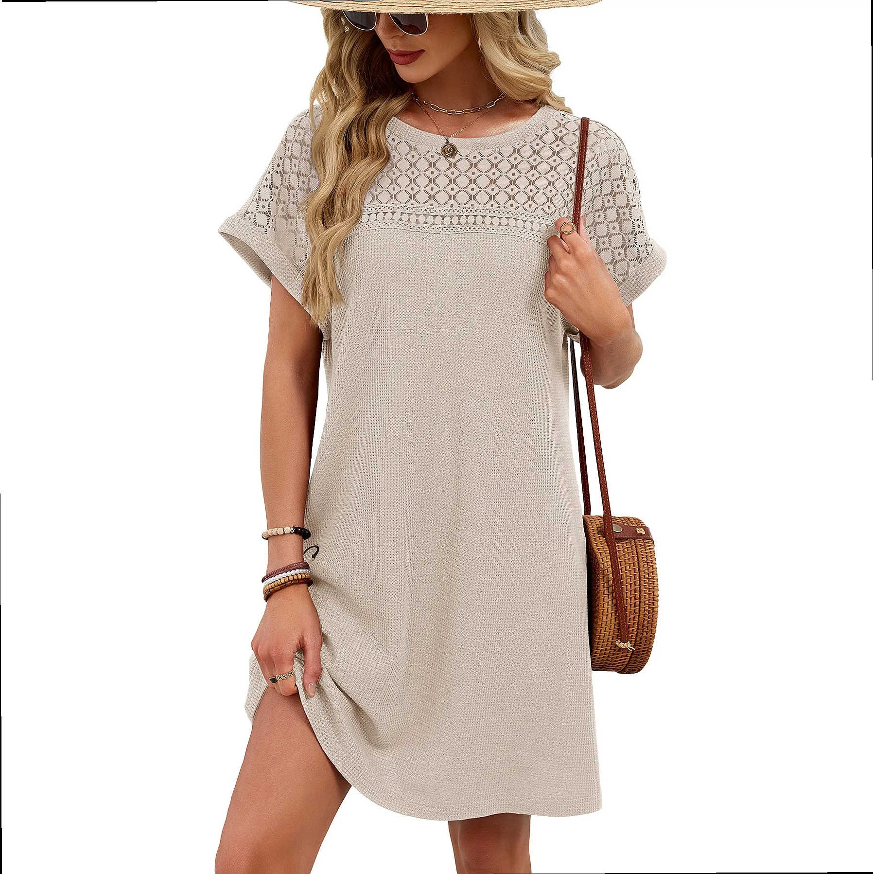 Plain Color Round Neck Lace Patch Loose Short Sleeve Dress Dresses Spring Summer