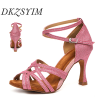 DKZSYIM Women Latin Dance Shoes Ballroom Practice Tango Modern Dance Shoes High Heel 5-10cm Suede Sole Glitter Girls Salsa Shoes