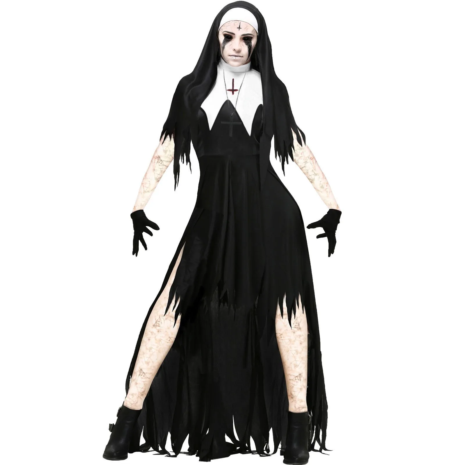 

Zombie Nun Cosplay Costume Horror Vampire Scary Ghost Evil Party Masquerade Irregularity Knee Length Maxi Dress 2024 Halloween