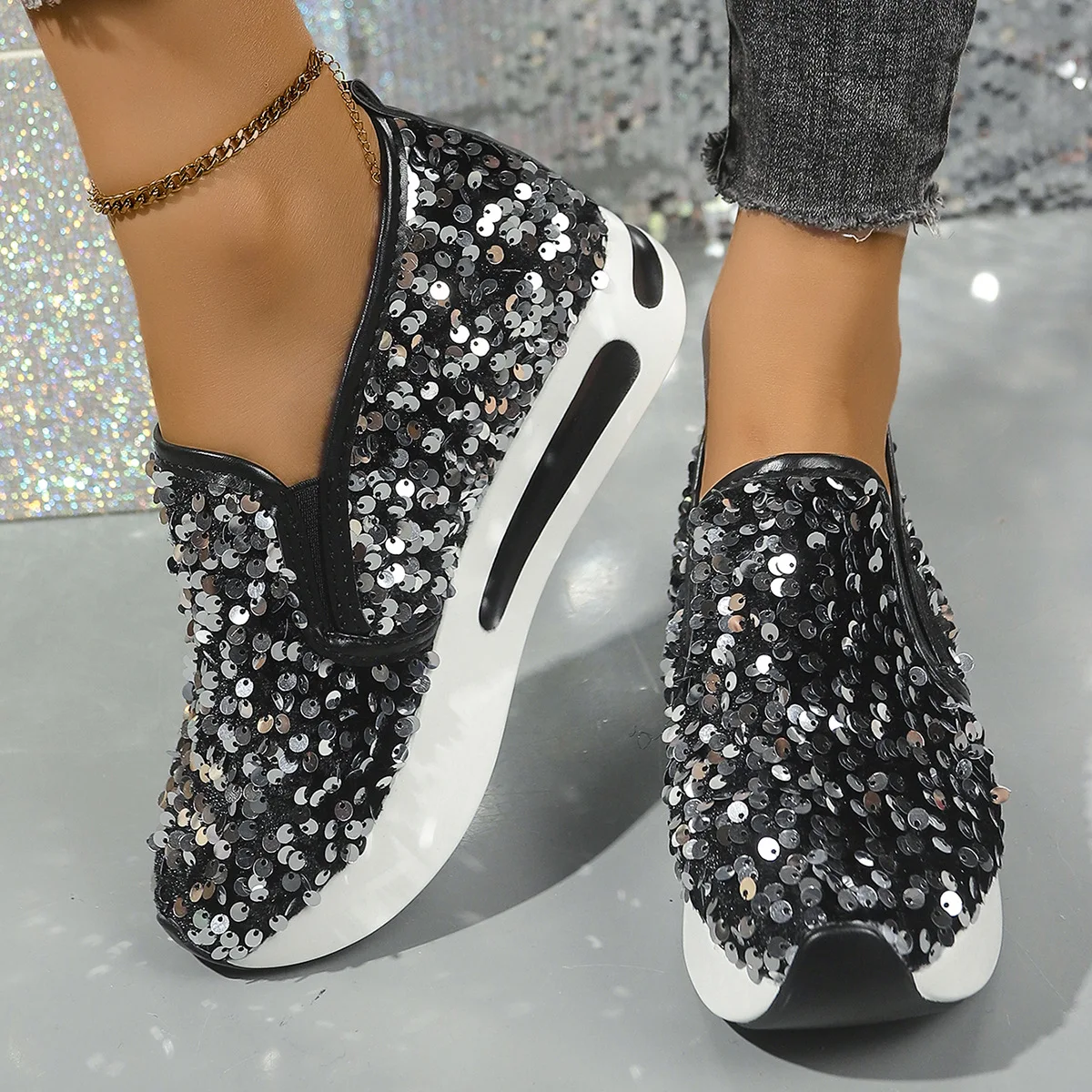 Sneakers for women Full sequin platform slide on muffin tennis flats for women Sports slide on loafer platform Elegant shoes