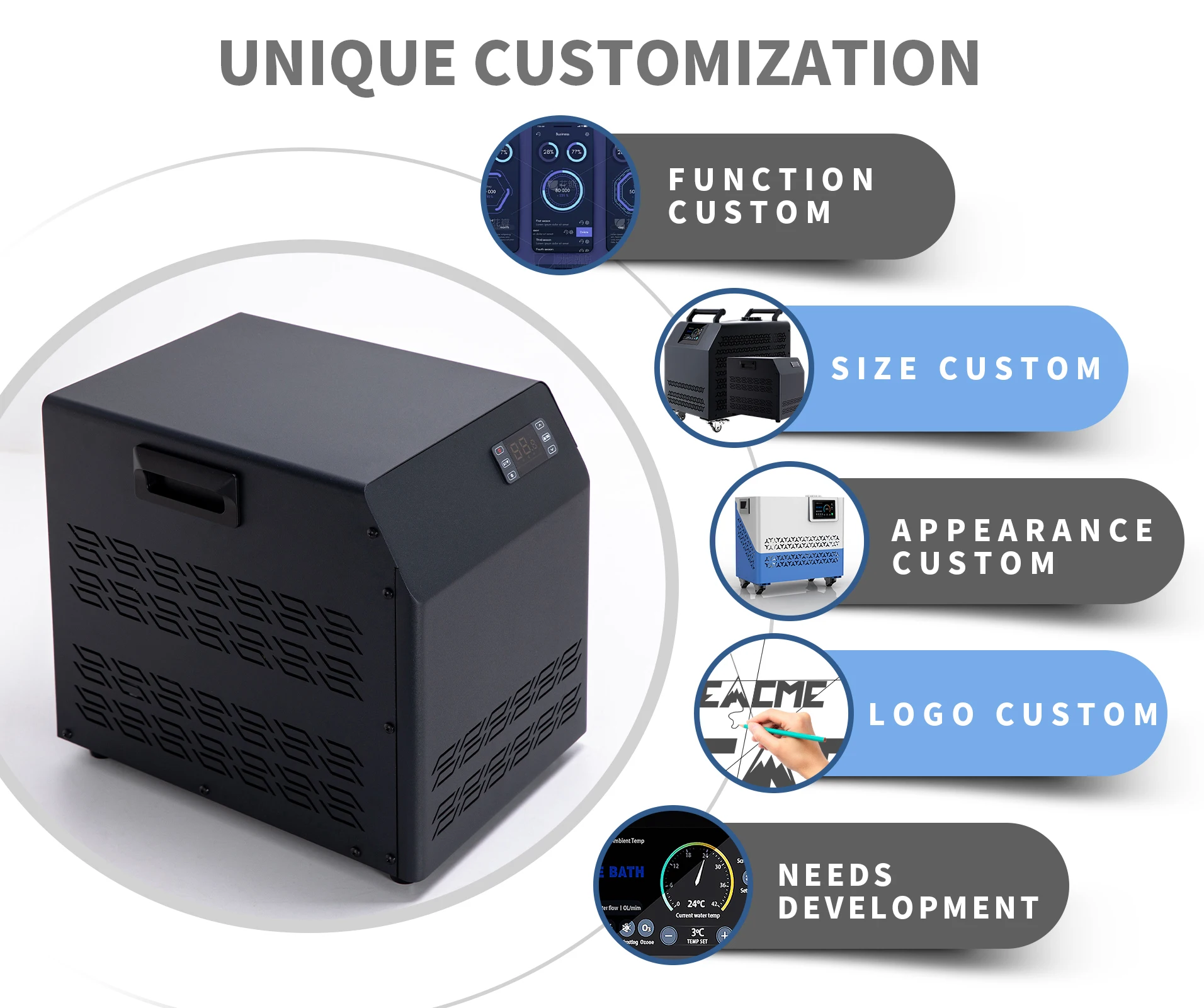 0.3HP Stainless Steel Water Chiller – Custom Support, Wi-Fi, 110/220V, R410A, Indoor/Outdoor, 1-Year Warranty