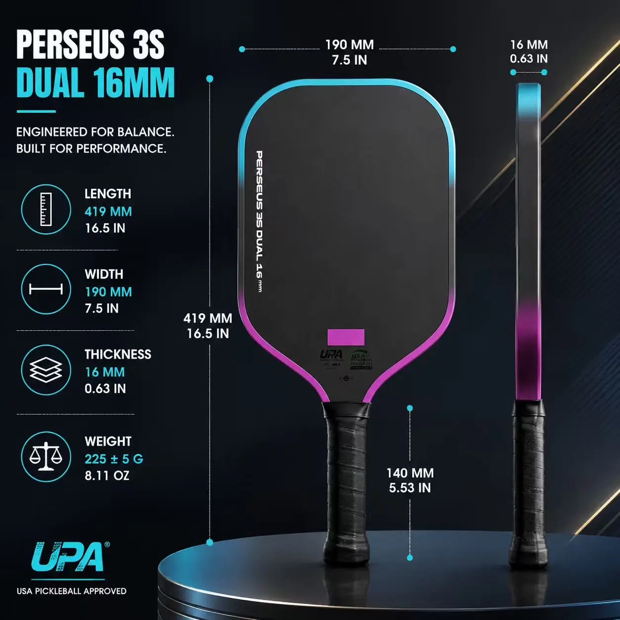 BEN JOHNS PERSEUS 3S Dual Pickleball Paddle 16mm T700 Carbon Fiber Textured Surface Polymer Honeycomb Core Large Sweet Spot