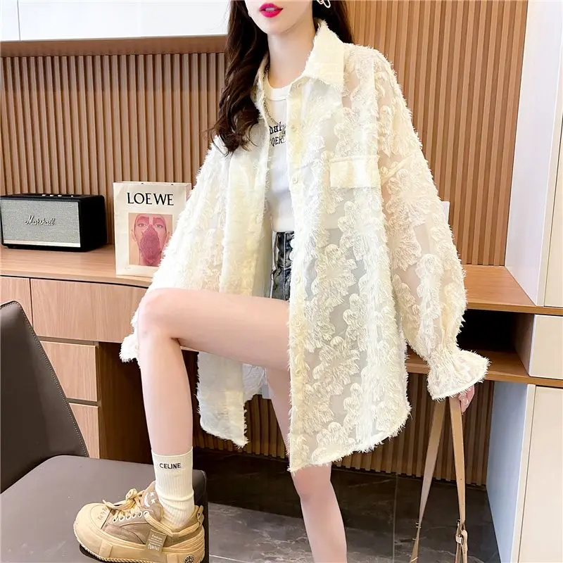 Women\'s Sexy Sheer Lace Irregular Oversized Button Up Shirt Korean Fashion Long Sleeve Streetwear Blouse Solid Tunic Tops Blusas