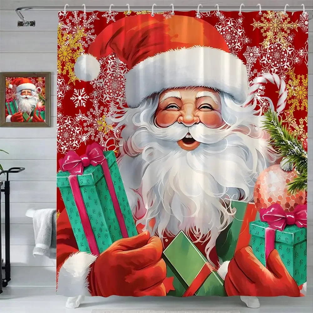 Christmas Shower Curtain Funny Santa Claus Shower Curtain Retro Xmas Holiday Washable Bathroom Decor Bath Curtain with Hooks