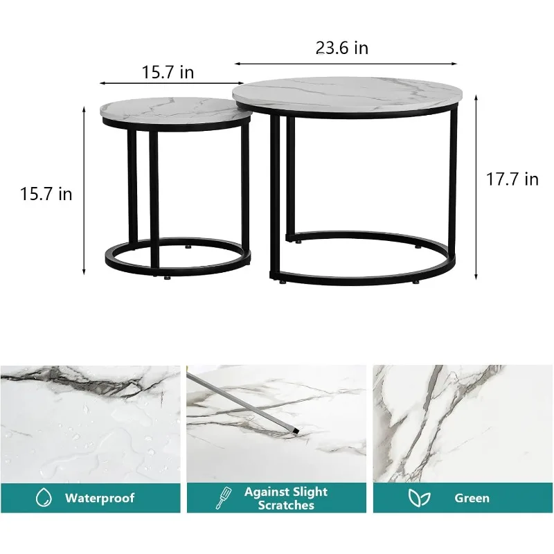 White Nesting Coffee Table Set of 2,  Non-Slip Feet, Industrial End Table Side Tables for Living Room Bedroom Balcony Yard