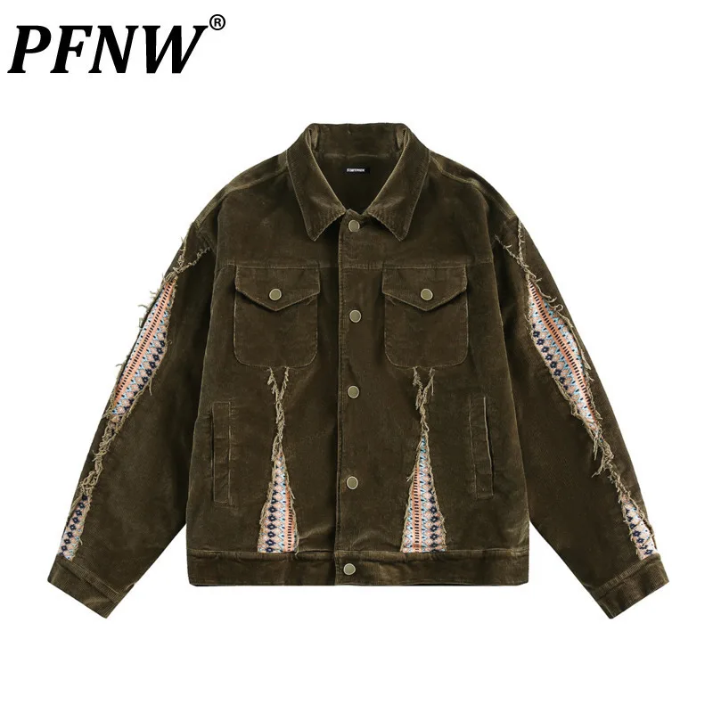 PFNW Men's 2024 Autumn New American Grid Jacket High Street Lapel Destructive Splicing Design Corduroy Male Coats Chic 28W4966