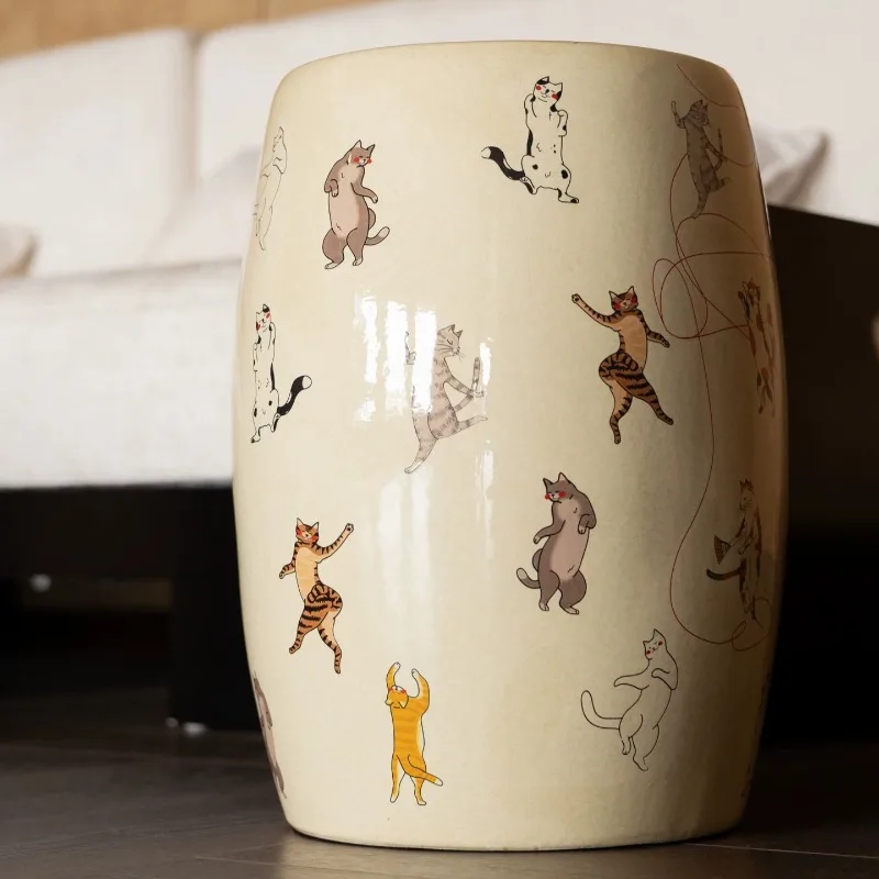 Cute Cat Print Ceramic Drum Stool Creative Cartoon Animal Decorative Porcelain Stools Home Benches and Side Tables