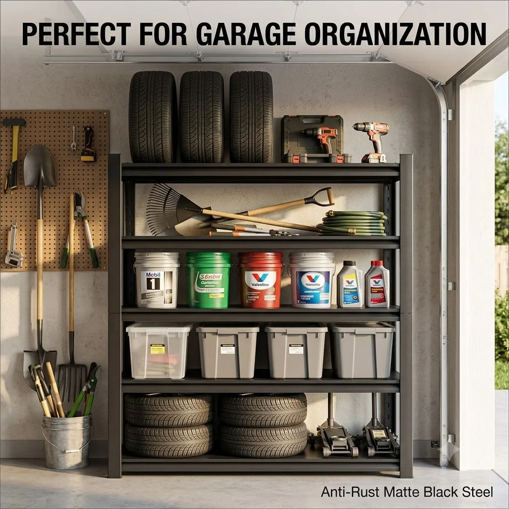 5 Tier Heavy Duty Boltless Storage Rack, 606LBS Per Tier Double Folded Gourd Hole Steel Shelving Unit, Matte Black Anti-Rust Adjustable Warehouse Organizer with Full Installation Kit, Solid Reinforced Metal Deck for Garage Basement Workshop Retail Store
