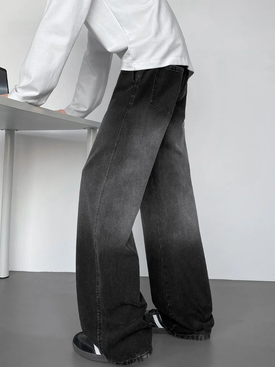 

Thiened Fce Lined Men's Casual Waed Denim Jeans Straight Leg adual Color Elastic Waist Wide Leg Long Pants