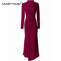 MARYYIMEI Autumn and Winter Women's Pencil Dress Long-Sleeved Pretty Slim-Fit Hip Wrap Evening Prom Purple red Dresses