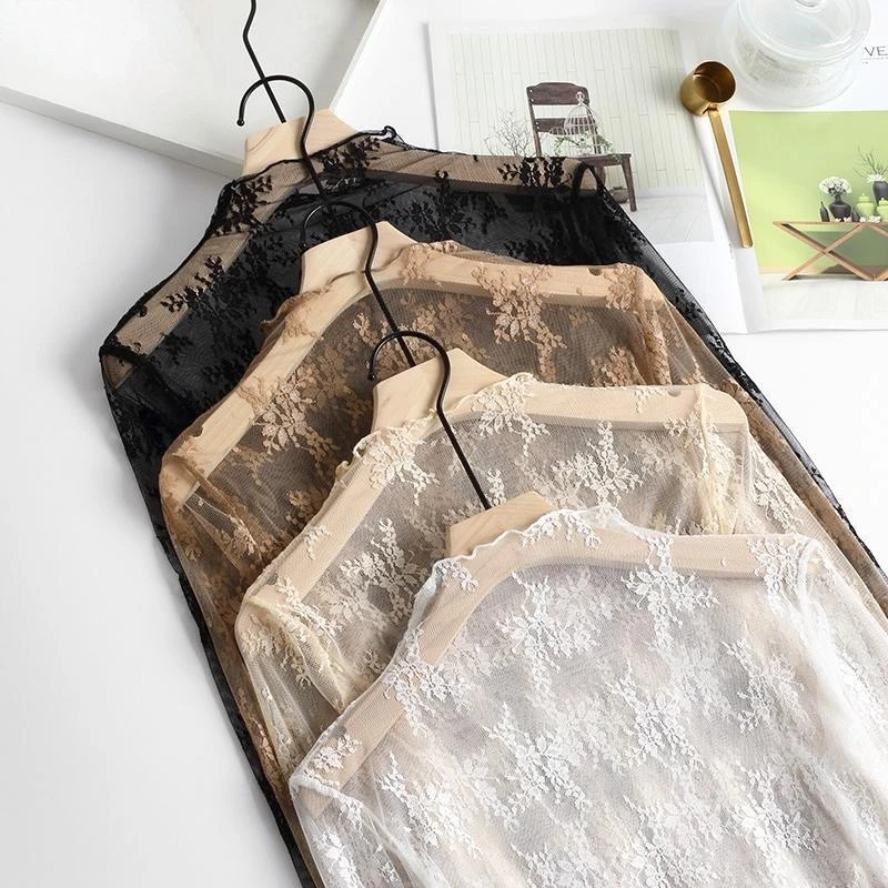 Sexy Floral Lace and Mesh Ruffle Nightgown Woman Sleep Tops Nightie Turtleneck Mesh Layering Top Y2k Floral Tee Shirts Blouse