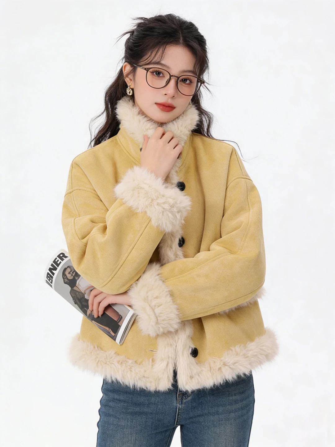 Korean Style Suede Double-Sided Wear Soft Warm Fleece Lined Stand Collar  Coat for Women Fashionable Anti-Aging