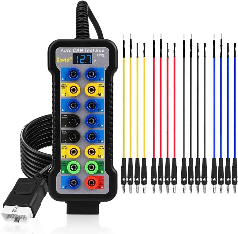 

OBD2 Breakout Box 16-Pin CAN Tester with Banana Wires for OBDII Communication/Power/Ground Detection