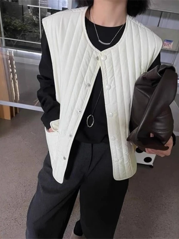 

plus Size Women's Fashionable Ageless Artistic Thickened Sleeveless Vest Jacket round Neck Open Cardigan Style Winter Outerwear