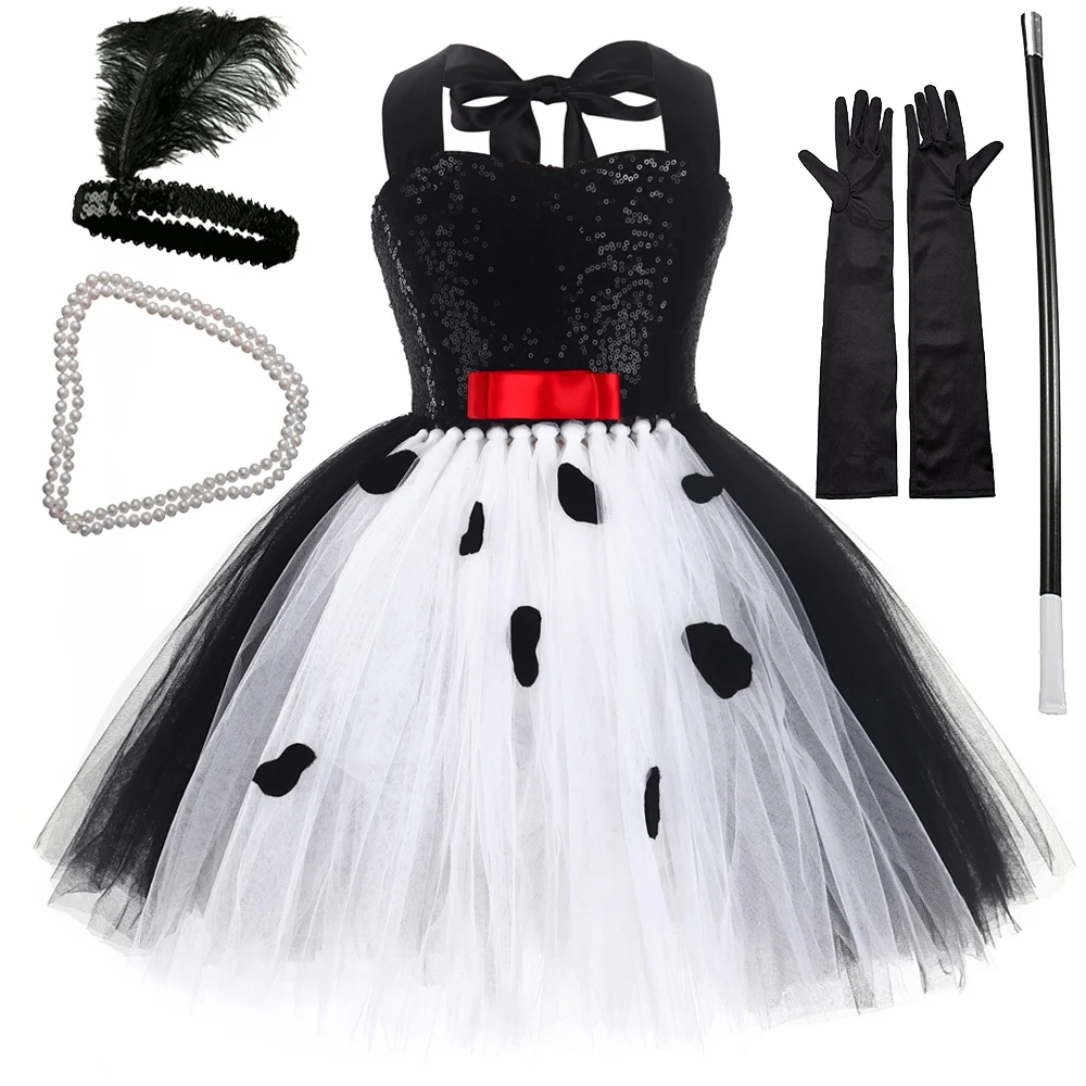 Evil Cruella Queen Costumes for Baby Girls Black White Dalmatians Dog Dresses for Kids Christmas Halloween Outfit Child Clothes