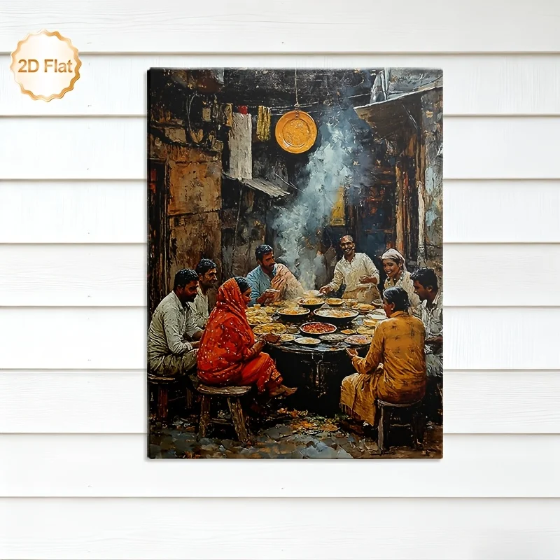 (No frame)2D Flat, 2D Flat, 2D Flat 1pc Framed Canvas Artwork Depicting a Meal Scene from an Indian Village, Suitable for Dec