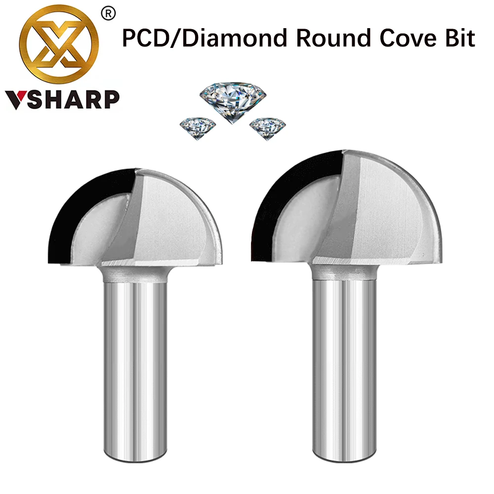 Vsharp PCD Round Cove Box Router Bit Diamond Round Bottom Bit Woodworking Cabinet Door Panel Ball Groove End Mill for MDF