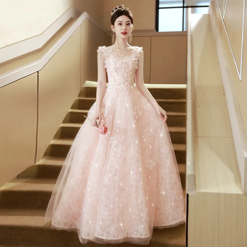 

Gorgeous Pink Evening Dress Women Applique Sleeveless Floor Length Ball Gown Engagement Banquet Formal Dress