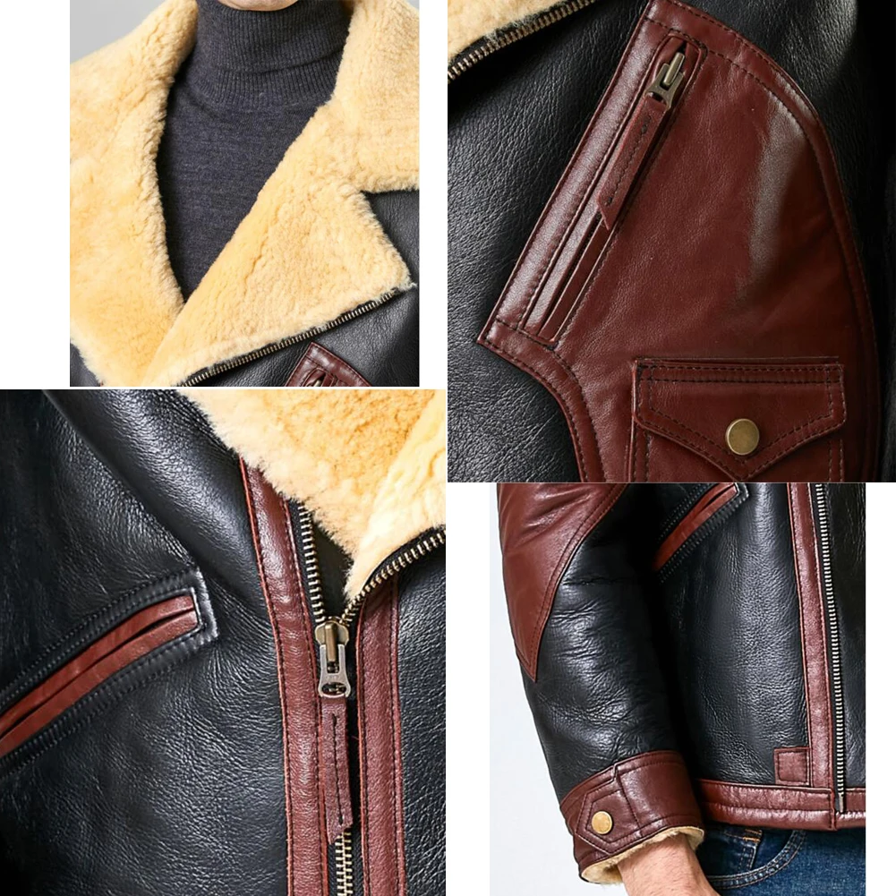 Denny&Dora Mens B3 Natural Shearling Leather Coat Shearling Mens Winter Jacket Mens Shearling Leather Bomber Jacket