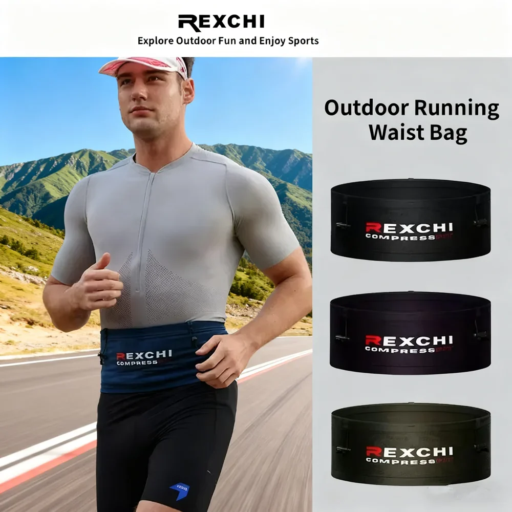 حقيبة خصر رياضية مضغوطة خفيفة الوزن للاستخدام الخارجي من REXCHI باللون الأسود، حزام خصر رياضي مضغوط على الوجهين لمارثون