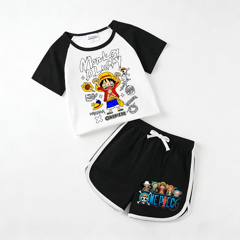 

One Piece Raglan Sleeve Short Sleeves Shorts Suit Children Cartoon T-shirt Set Boy Girl Anime Luffy Sportswear Set Kids Tees New