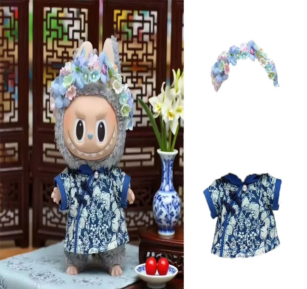 

Doll Clothes for 17cm Labubu Outfit Cheongsam Chinese Style Ancient Style Accessories Doll Necklace Bow Hair Clip Gift