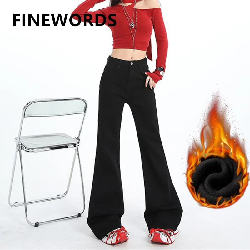 

FINEWORDS винтажные корейские утепленные зимние расклешенные джинсы женские повседневные черные теплые кашемировые джинсы с высокой талией узкие джинсы пуш-ап