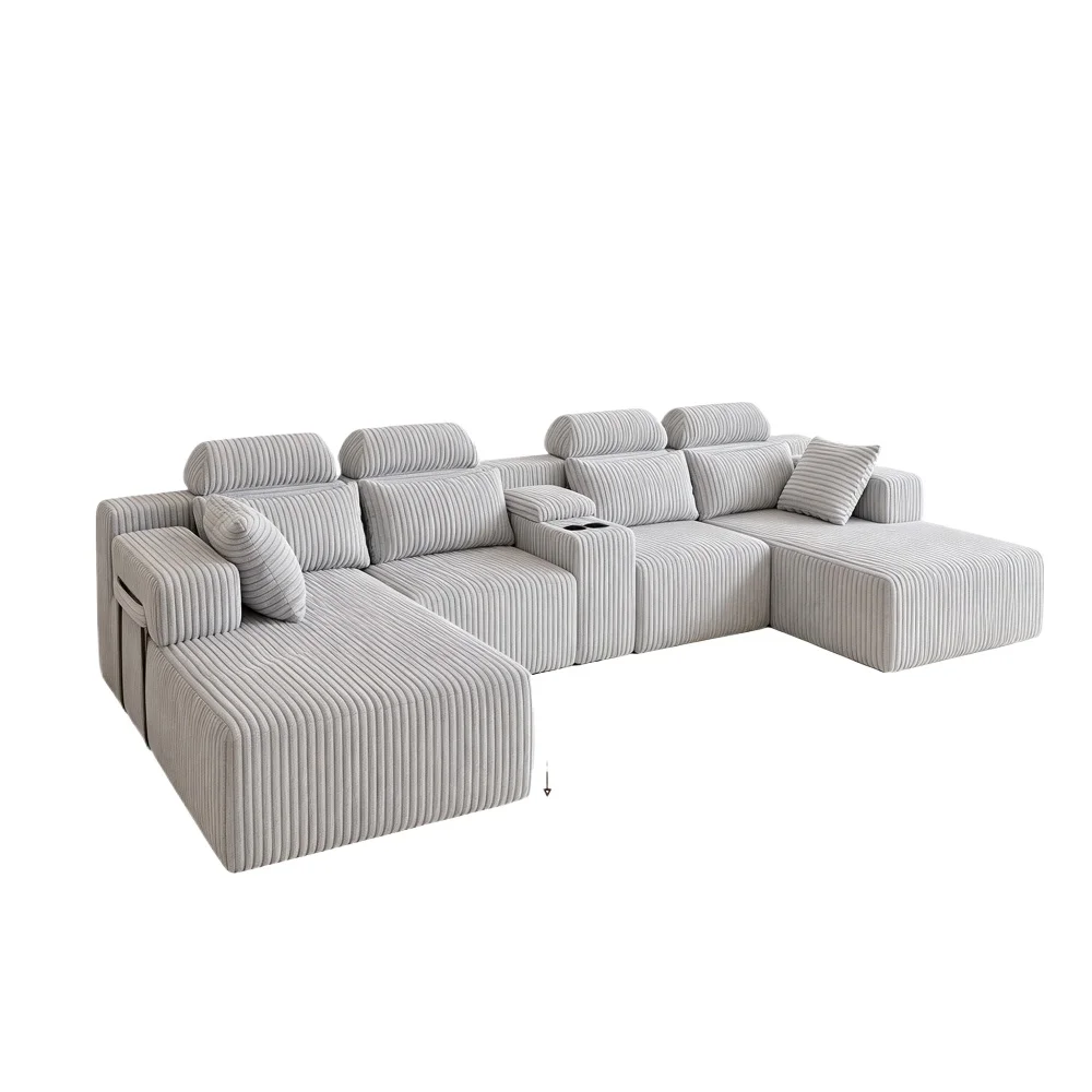 Modern  Grey Corduroy 6-seater U-shaped Sofa with Lounge Chair and Cup Holder -145.7 Inch Oversized Modular Compression Sofa, Suitable for Home Theaters, Luxury Living Spaces, Tool Free Assembly