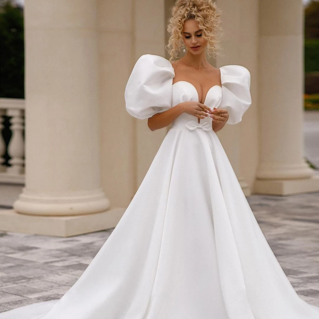 Eightree Sexy Brautkleider A-Line Satin Liebsten Braut Kleid Weiß Laterne Hülse Prinzessin Hochzeit Abendkleider Plus Größe