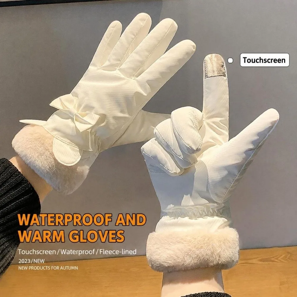 Polyester Fleece Lined Winter Thermal Gloves Waterproof Bow Decor Cold Weather Gloves Warm Touch Screen Gloves For Driving