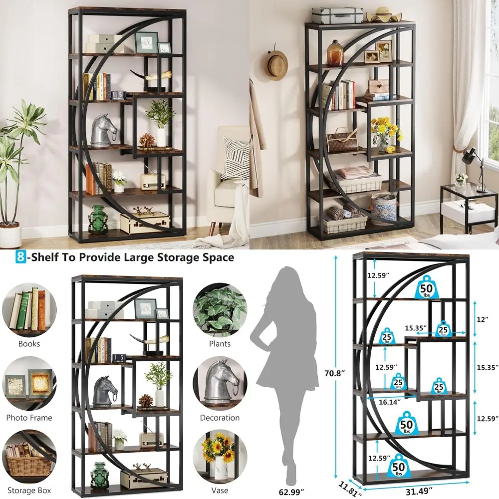 bookshelf, industrial 5-tier etagere bookcase, 70.8 inch tall bookshelf with 8 open storage shelf, book shelf display tack shel