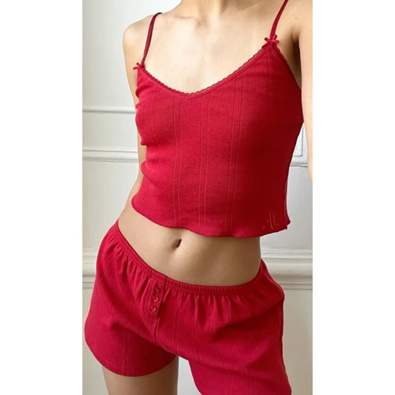 

Combhasaki женская домашняя одежда, пижамный комплект из 2 предметов, кружевная отделка, бретелька без рукавов с завязками на шее + эластичные широкие шорты с низкой посадкой