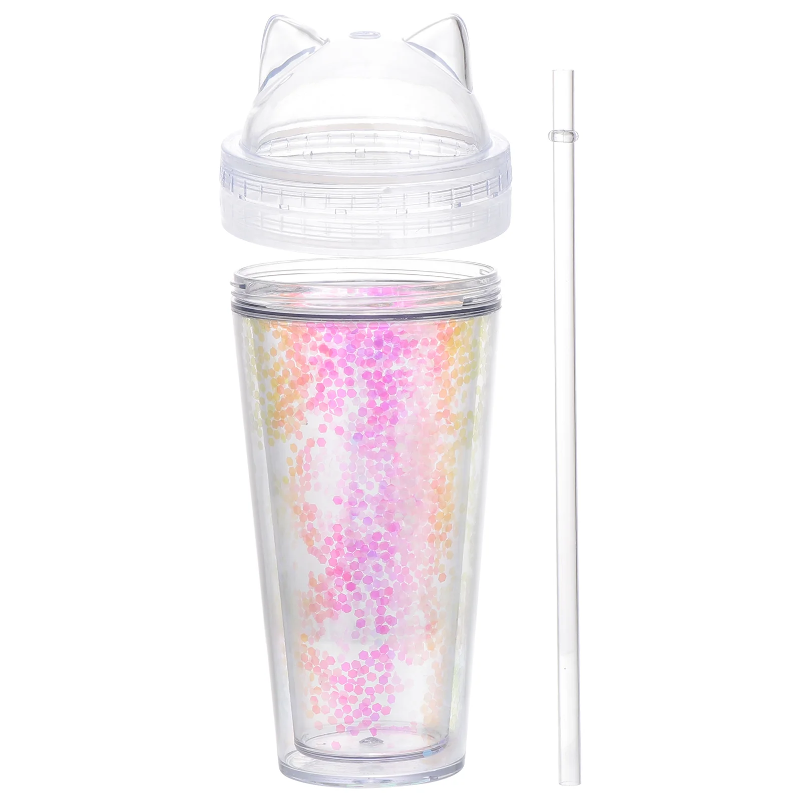 1Pc 420ml Sequin Double Layer Cup Cat Ear Shape Double-walled Water Cup Plastic Straw Cup (Pink) straw water cup