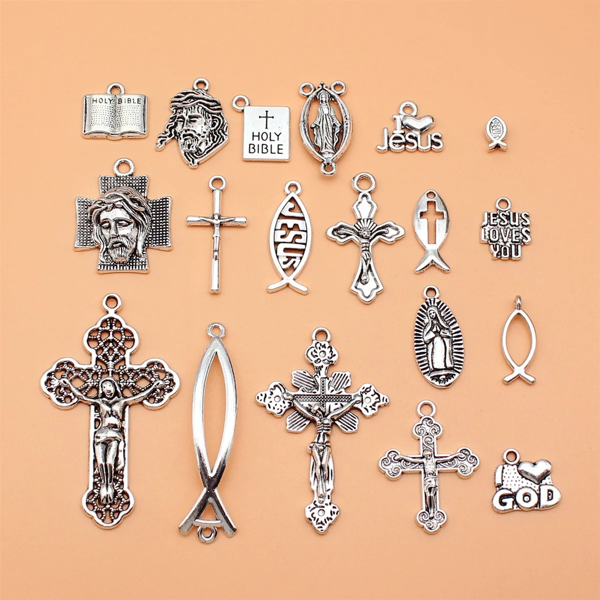 19pcs Antique Silver Color Christian Jesus Fish Cross Bible Virgin Mary Charms Collection, 19 Styles, 1 of Each