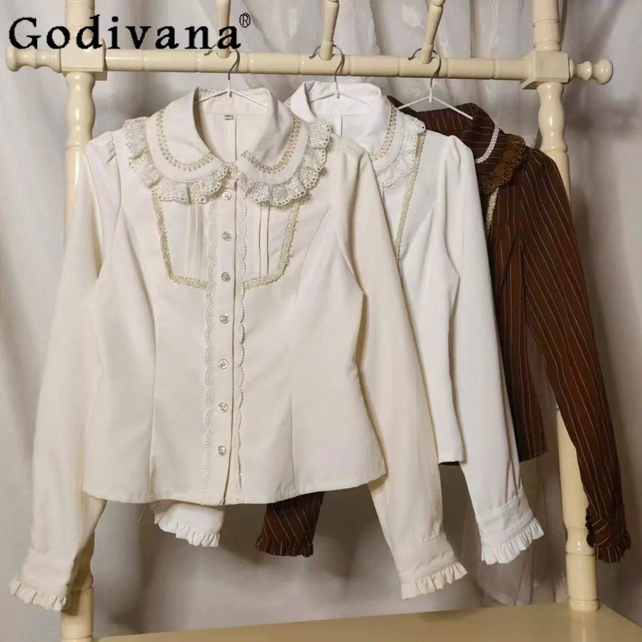 Lolita Nieuwe Lange Mouw Herfst Winter Pop Kraag Shirt Veelzijdige Bladerdeeg Mouw Top JSK Zoet Schattig Meisje Retro Innerlijke Slijtage