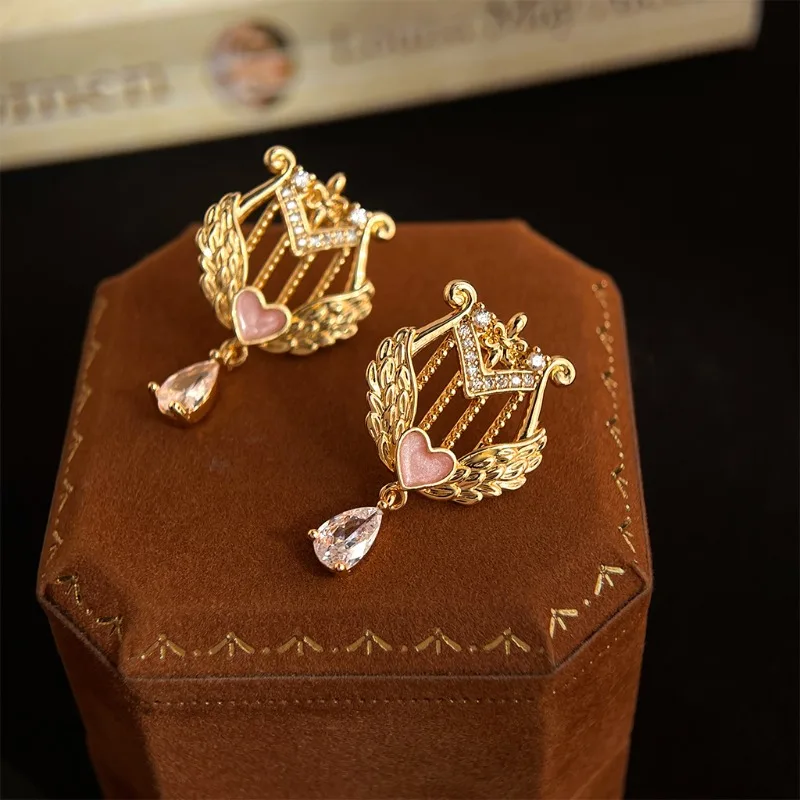 

Vintage Harp Wing Heart Drop Earrings With Zircon Stones Designer Statement Earrings Party Daily Wear Jewelry
