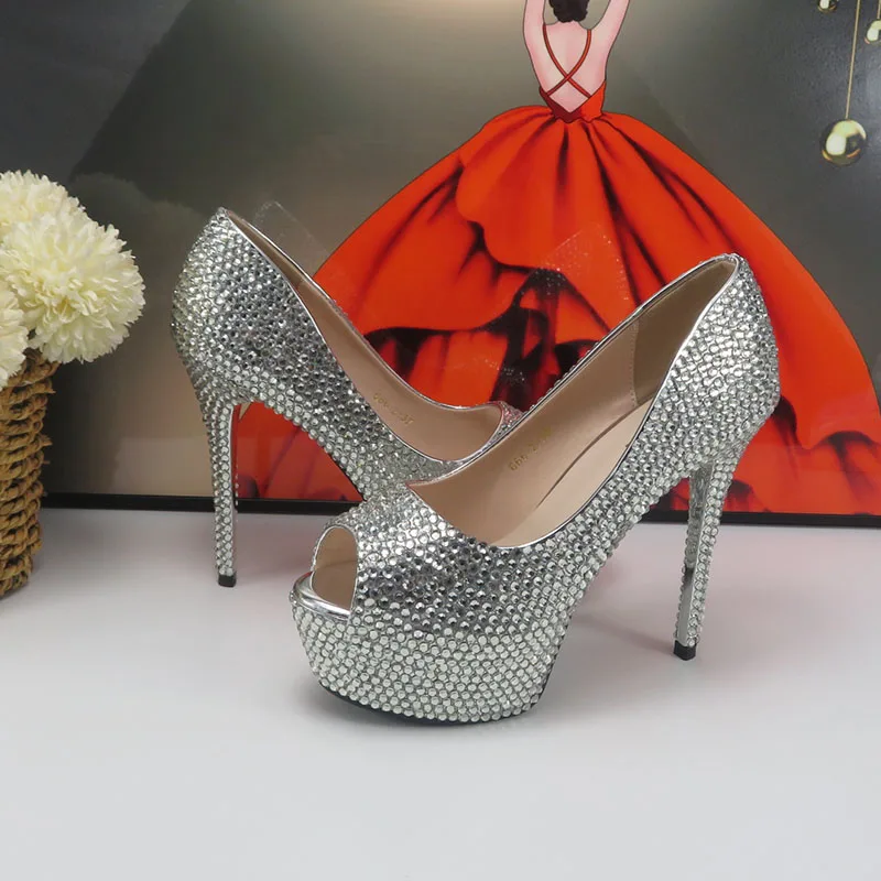 BaoYaFang Brand Silver Bridal Wedding shoes for Women 14cm Super High Heel Pumps Thin Heel Open Toe Female Party Shoe Ladies